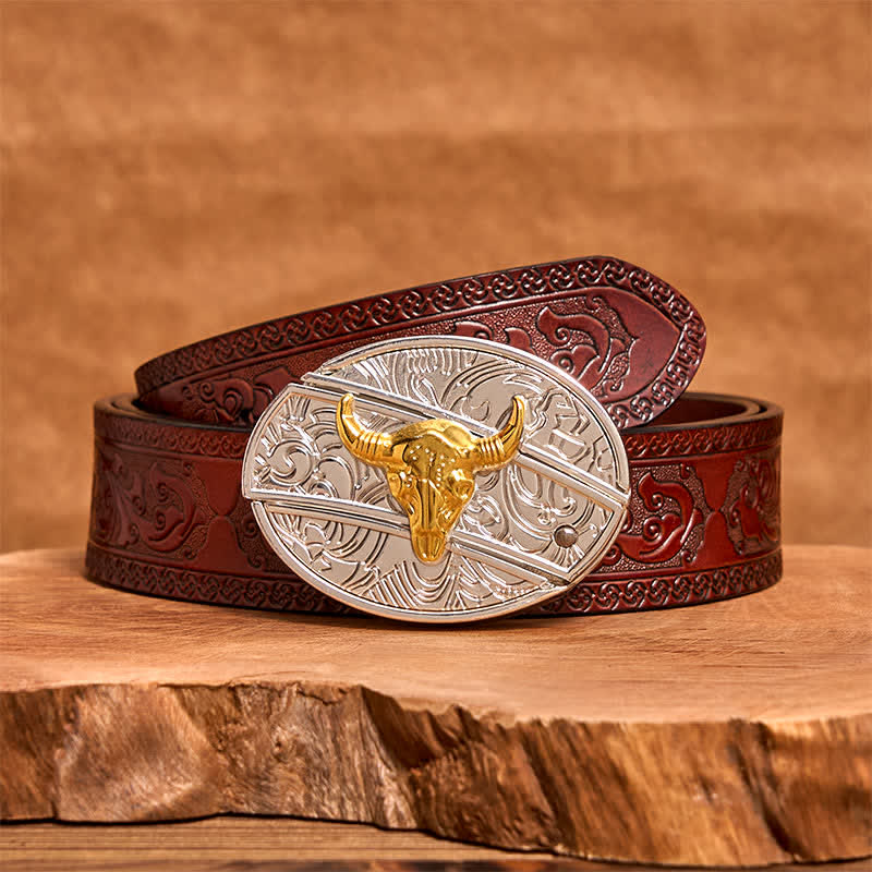 Ceinture en cuir pour homme avec couteau pliant caché en forme de taureau doré et argenté - Taureau - Ceinture marron sculptée - 42 - image 7