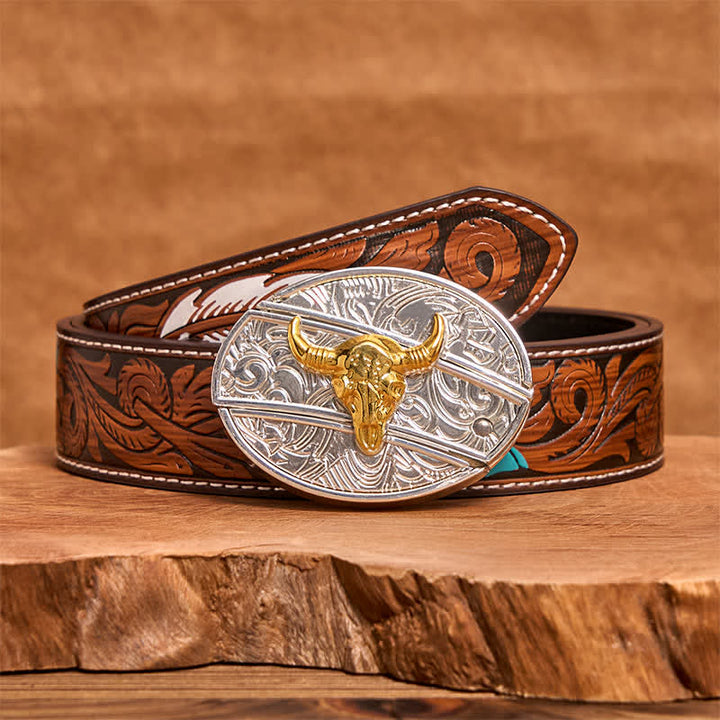 Ceinture en cuir pour homme avec couteau pliant caché en forme de taureau doré et argenté - Taureau - Ceinture à plumes marron - 40 - image 8