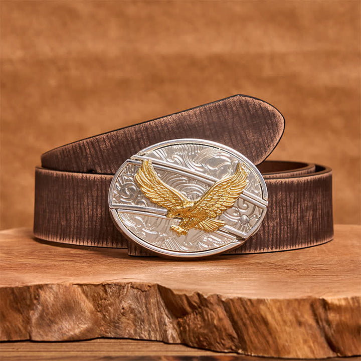 Ceinture en cuir pour homme avec couteau pliant caché en forme d'aigle doré et argenté - Aigle - Ceinture marron vieillie - 42 - image 6