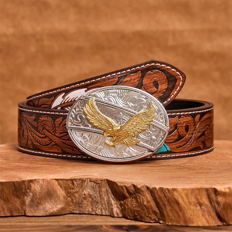 Ceinture en cuir pour homme avec couteau pliant caché en forme d'aigle doré et argenté - Aigle - Ceinture à plumes marron - 40 - image 8