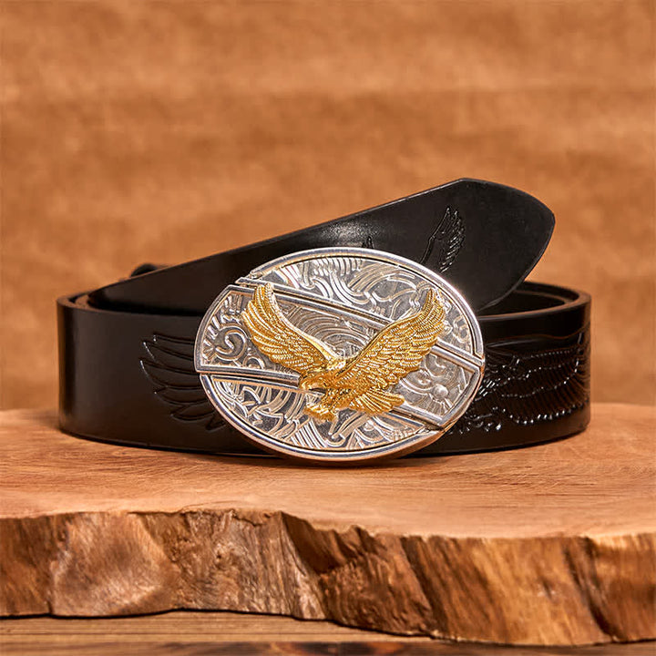 Ceinture en cuir pour homme avec couteau pliant caché en forme d'aigle doré et argenté - Aigle - Ceinture noire avec aigle en relief - 42 - image 4