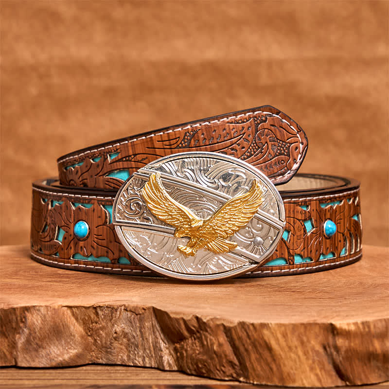 Ceinture en cuir pour homme avec couteau pliant caché en forme d'aigle doré et argenté - Aigle - Ceinture sculptée en turquoise - 42 - image 5