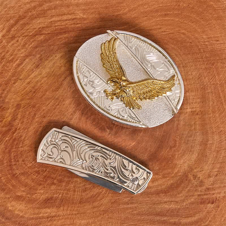 Ceinture en cuir pour homme avec couteau pliant caché en forme d'aigle doré et argenté - image 2