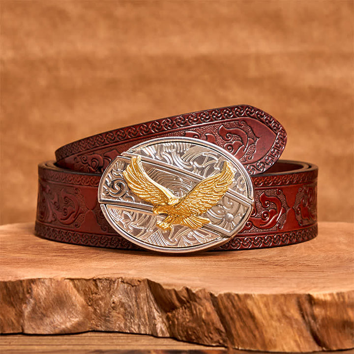 Ceinture en cuir pour homme avec couteau pliant caché en forme d'aigle doré et argenté - Aigle - Ceinture marron sculptée - 42 - image 7