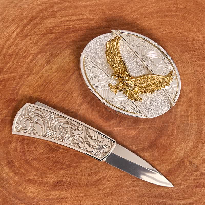 Ceinture en cuir pour homme avec couteau pliant caché en forme d'aigle doré et argenté - image 1