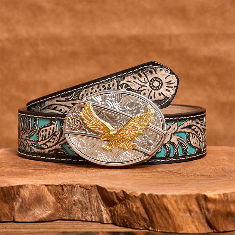 Ceinture en cuir pour homme avec couteau pliant caché en forme d'aigle doré et argenté - image 9