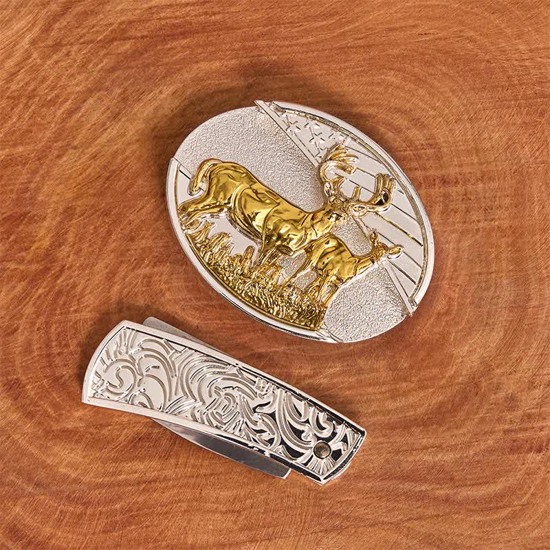 Ceinture en cuir pour homme avec couteau pliant caché, motif cerfs dorés et argentés - image 2