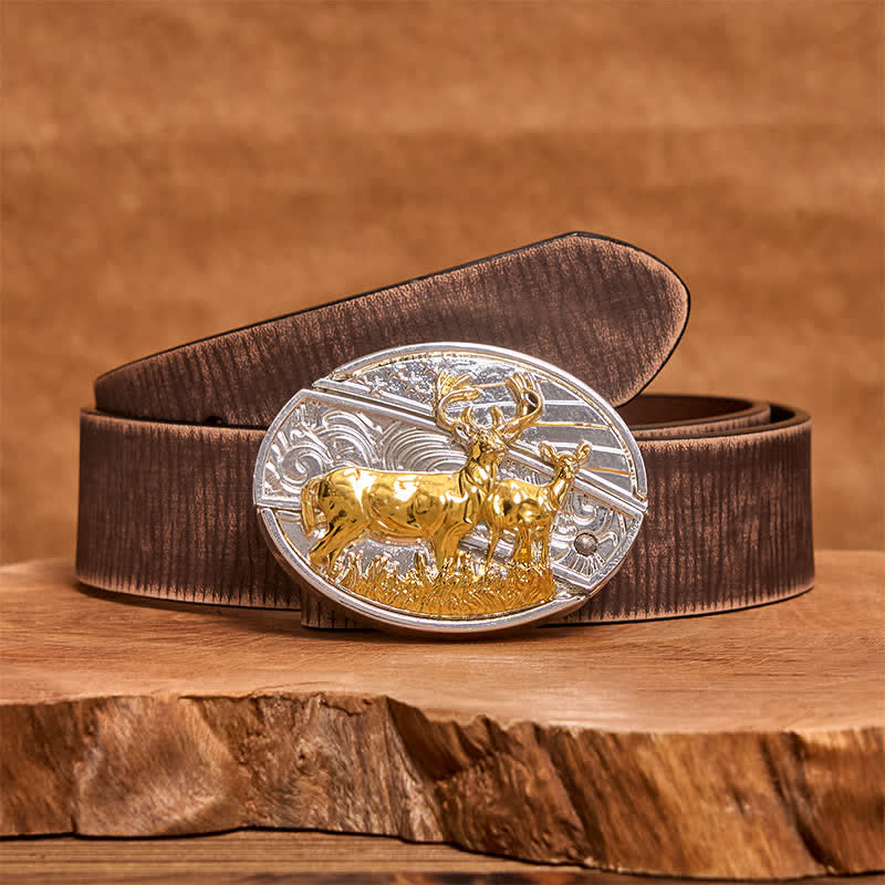 Ceinture en cuir pour homme avec couteau pliant caché, motif cerfs dorés et argentés - Cerf - Ceinture marron vieillie - 42 - image 6