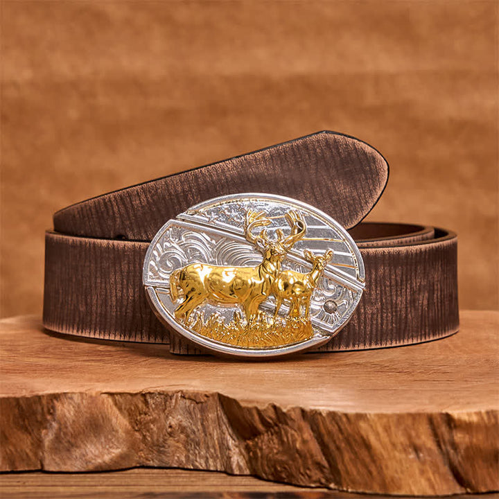 Ceinture en cuir pour homme avec couteau pliant caché, motif cerfs dorés et argentés - Cerf - Ceinture marron vieillie - 42 - image 6