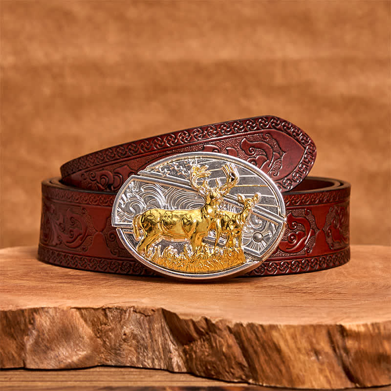 Ceinture en cuir pour homme avec couteau pliant caché, motif cerfs dorés et argentés - Cerf - Ceinture marron sculptée - 42 - image 7