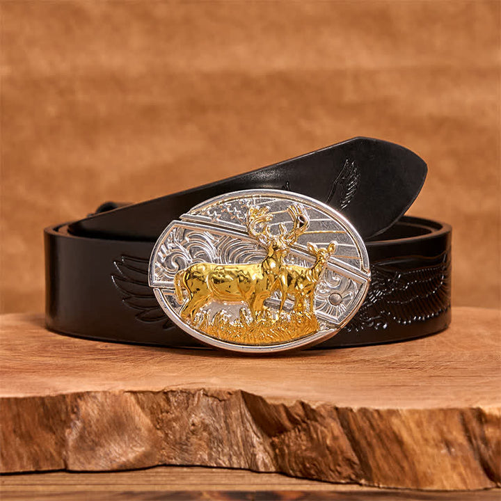 Ceinture en cuir pour homme avec couteau pliant caché, motif cerfs dorés et argentés - Cerf - Ceinture noire avec aigle en relief - 42 - image 4