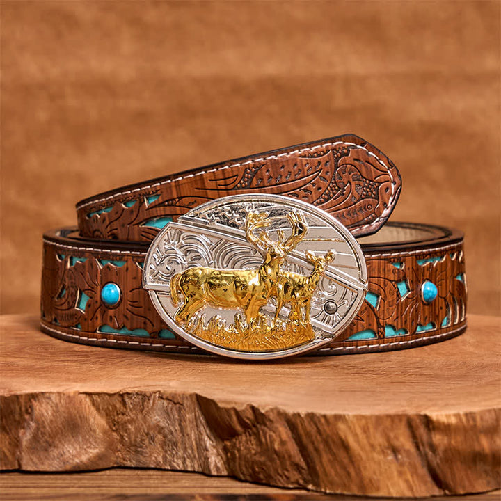 Ceinture en cuir pour homme avec couteau pliant caché, motif cerfs dorés et argentés - Cerf - Ceinture sculptée en turquoise - 42 - image 5