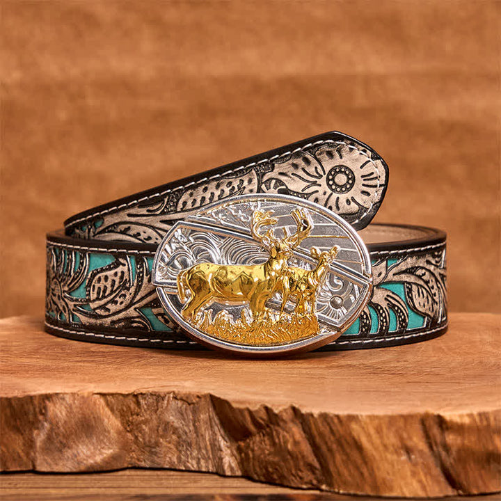 Ceinture en cuir pour homme avec couteau pliant caché, motif cerfs dorés et argentés - image 9