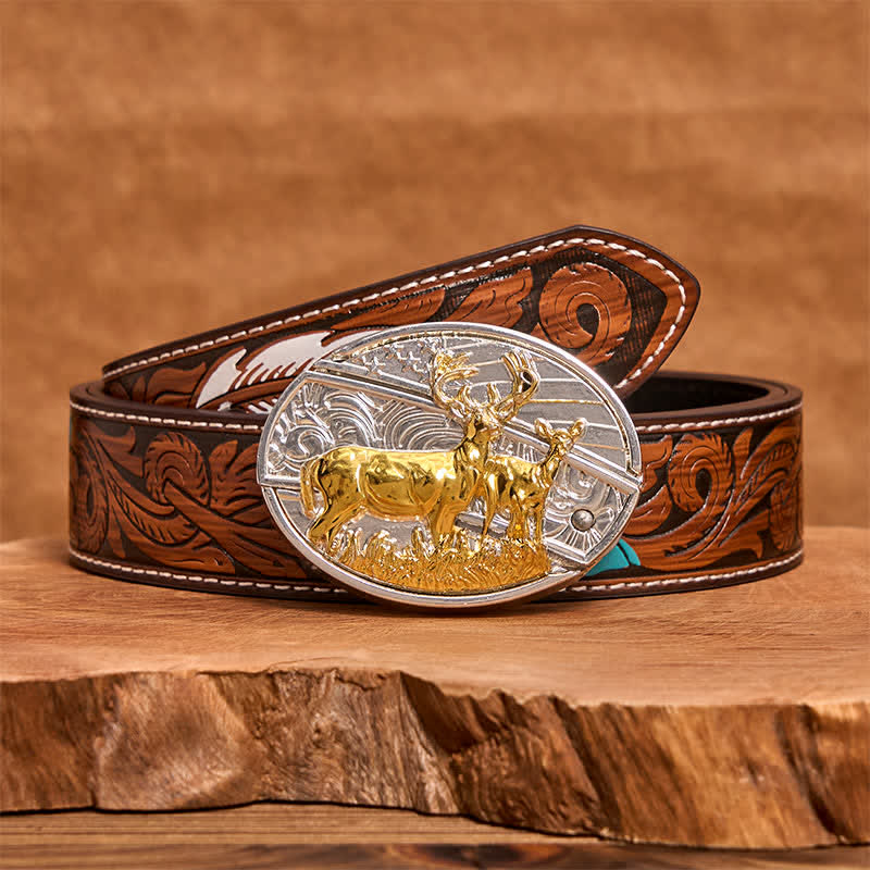 Ceinture en cuir pour homme avec couteau pliant caché, motif cerfs dorés et argentés - Cerf - Ceinture à plumes marron - 40 - image 8