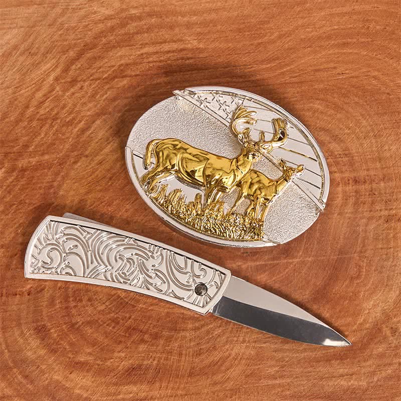 Ceinture en cuir pour homme avec couteau pliant caché, motif cerfs dorés et argentés - image 1
