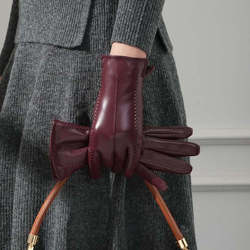 Gants en cuir véritable froissé en peau de mouton pour femme - Bourgogne - Doublé en polaire - L - image 7