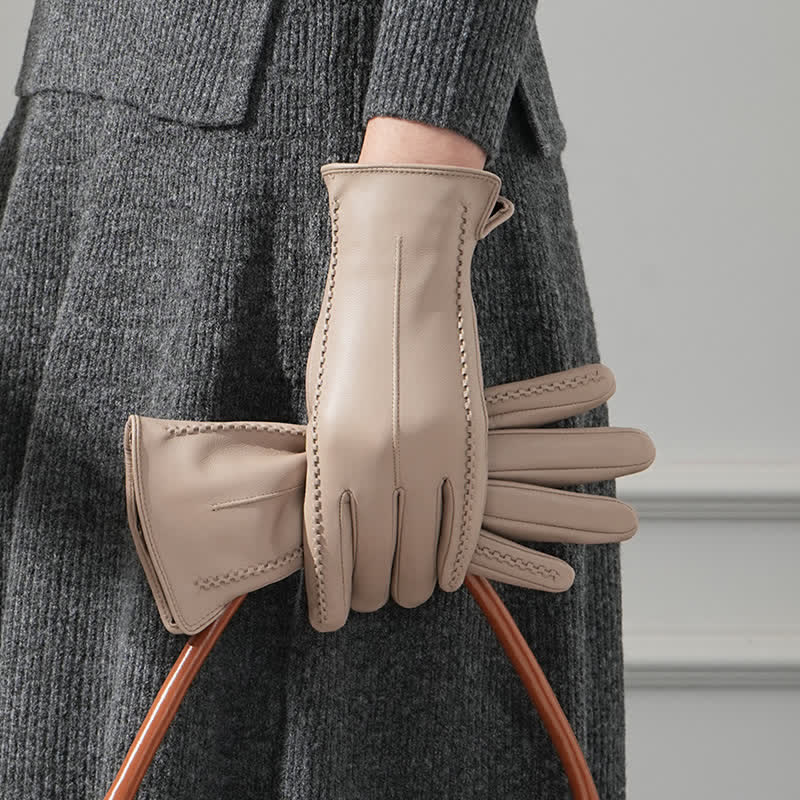 Gants en cuir véritable froissé en peau de mouton pour femme - Kaki clair - Doublé en polaire - L - image 9
