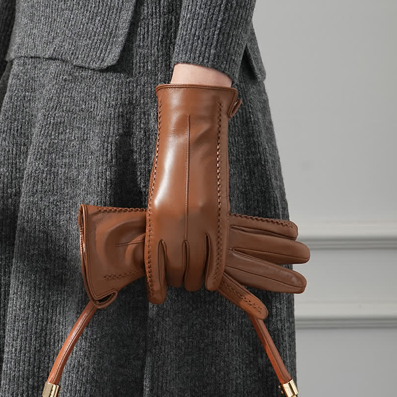 Gants en cuir véritable froissé en peau de mouton pour femme - Chocolat - Doublure polaire - L - image 0