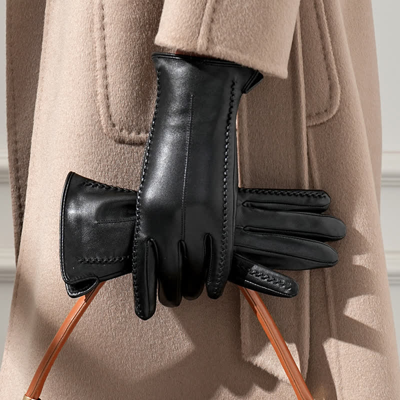 Gants en cuir véritable froissé en peau de mouton pour femme - Noir - Doublure polaire - L - image 3