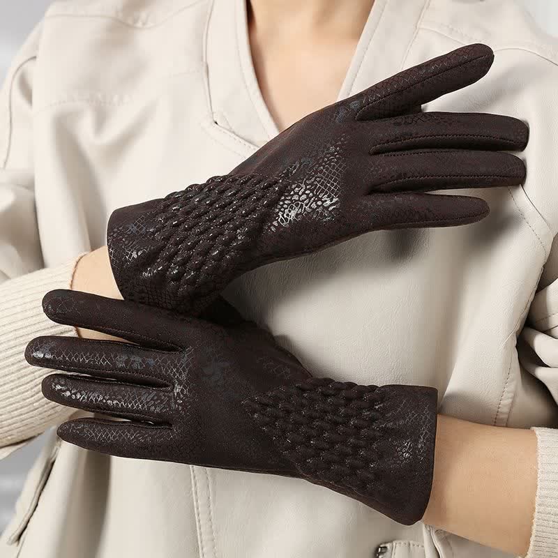 Gants en velours doux brillant à motif python pour femme - Brun foncé - image 0