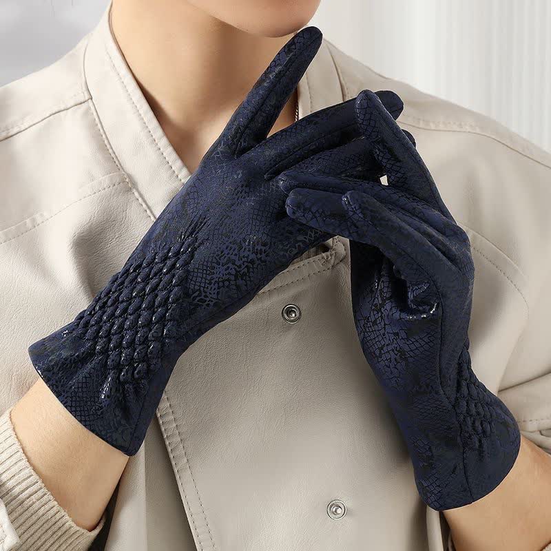 Gants en velours doux brillant à motif python pour femme - Marine - image 4