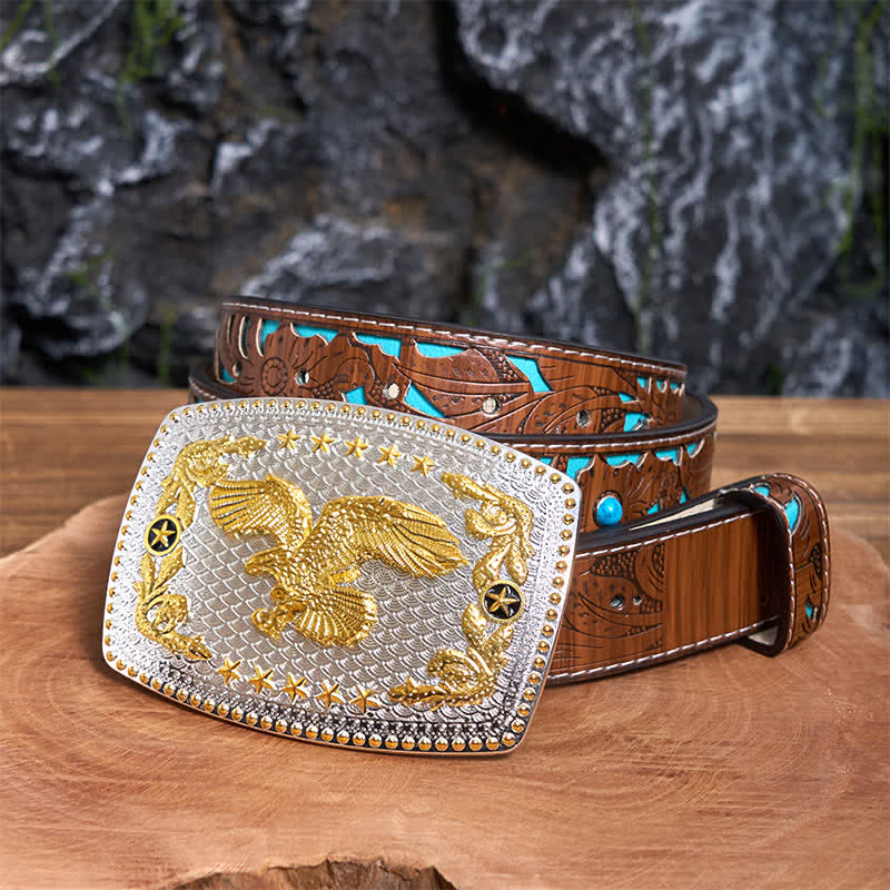 Ceinture rectangulaire en cuir à grande boucle, motif aigle volant bicolore, à faire soi-même - Aigle volant - Ceinture sculptée en turquoise - 42 - image 4