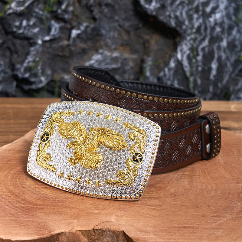 Ceinture rectangulaire en cuir à grande boucle, motif aigle volant bicolore, à faire soi-même - Aigle volant - Ceinture à rivets marron - 42 - image 5