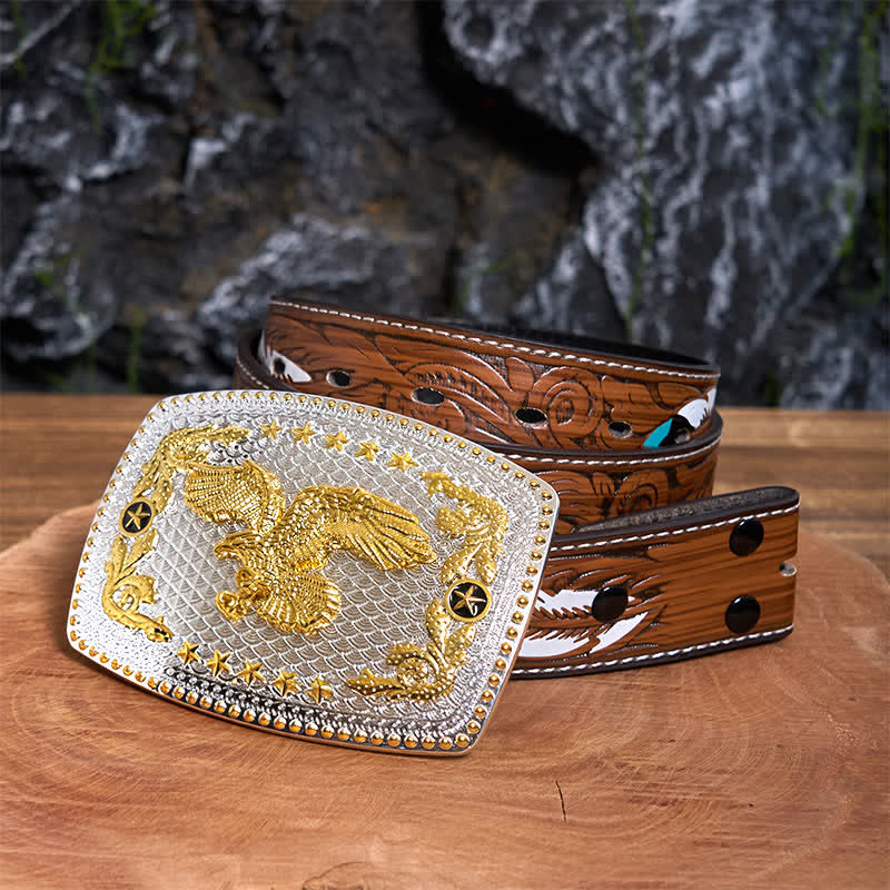 Ceinture rectangulaire en cuir à grande boucle, motif aigle volant bicolore, à faire soi-même - Aigle volant - Ceinture à plumes marron - 40 - image 8