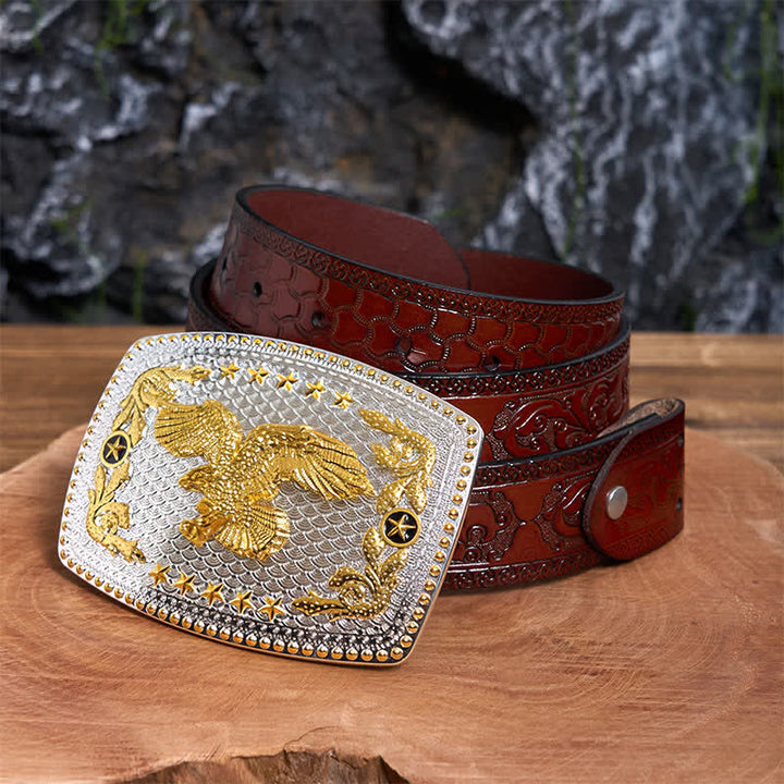 Ceinture rectangulaire en cuir à grande boucle, motif aigle volant bicolore, à faire soi-même - Aigle volant - Ceinture marron sculptée - 42 - image 7