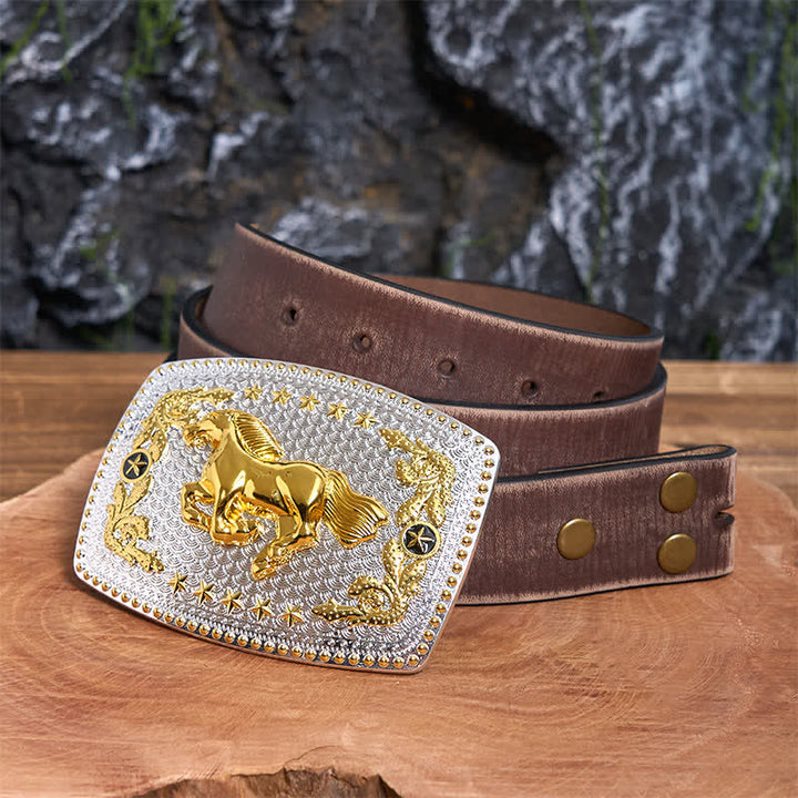 Ceinture rectangulaire en cuir à grande boucle, motif cheval au galop, à faire soi-même, bicolore - Cheval au galop - Ceinture marron vieillie - 42 - image 6