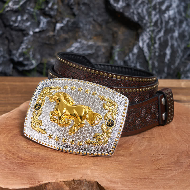 Ceinture rectangulaire en cuir à grande boucle, motif cheval au galop, à faire soi-même, bicolore - Cheval au galop - Ceinture à rivets marron - 42 - image 5