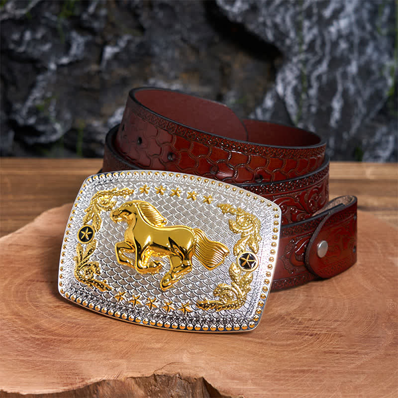 Ceinture rectangulaire en cuir à grande boucle, motif cheval au galop, à faire soi-même, bicolore - Cheval au galop - Ceinture marron sculptée - 42 - image 7