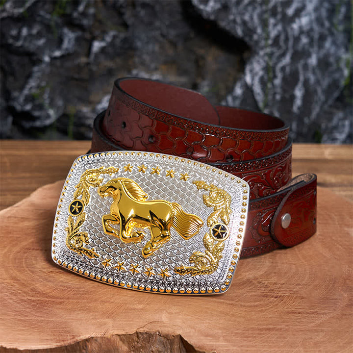 Ceinture rectangulaire en cuir à grande boucle, motif cheval au galop, à faire soi-même, bicolore - Cheval au galop - Ceinture marron sculptée - 42 - image 7
