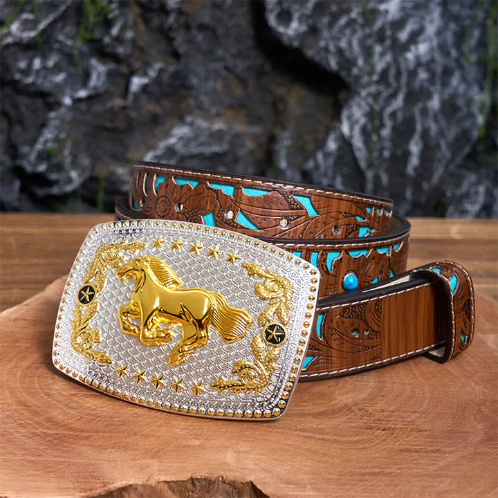 Ceinture rectangulaire en cuir à grande boucle, motif cheval au galop, à faire soi-même, bicolore - Cheval au galop - Ceinture sculptée en turquoise - 42 - image 4
