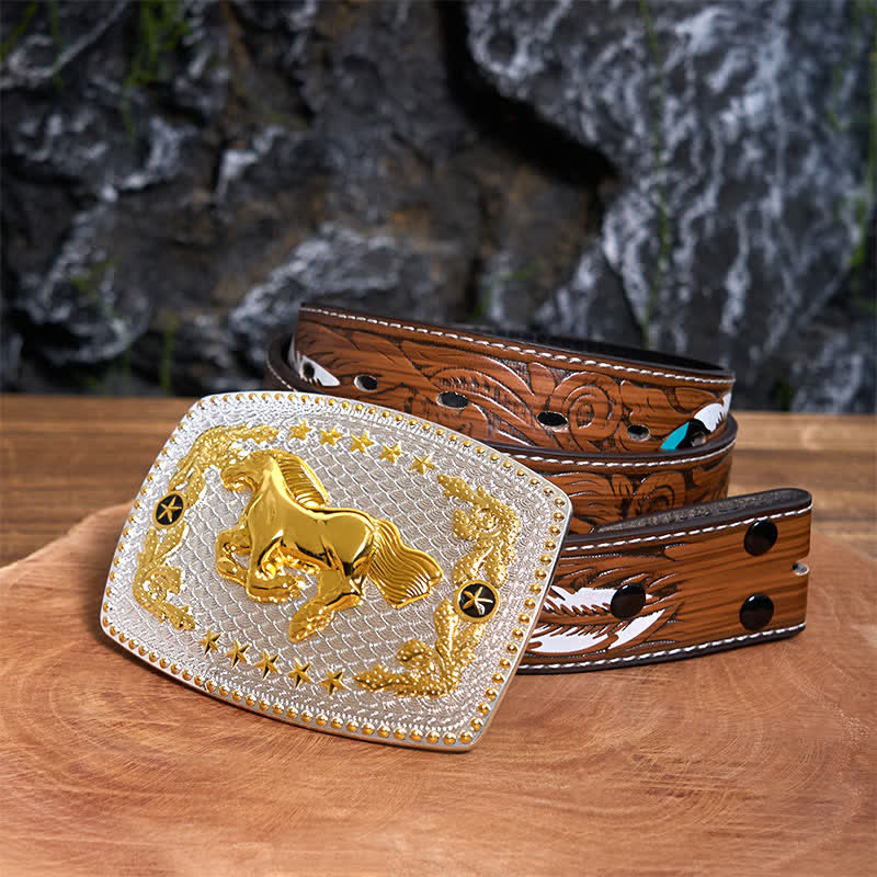 Ceinture rectangulaire en cuir à grande boucle, motif cheval au galop, à faire soi-même, bicolore - Cheval au galop - Ceinture à plumes marron - 40 - image 8