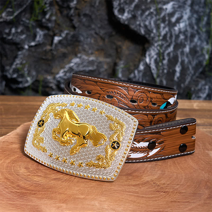 Ceinture rectangulaire en cuir à grande boucle, motif cheval au galop, à faire soi-même, bicolore - Cheval au galop - Ceinture à plumes marron - 40 - image 8