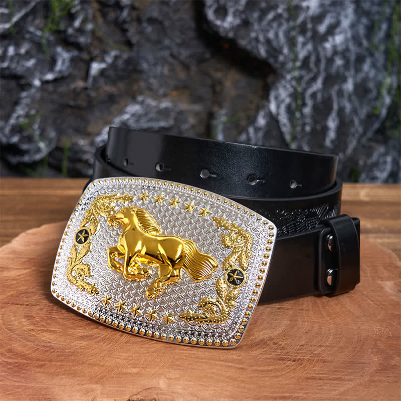 Ceinture rectangulaire en cuir à grande boucle, motif cheval au galop, à faire soi-même, bicolore - Cheval au galop - Ceinture noire avec aigle en relief - 42 - image 3