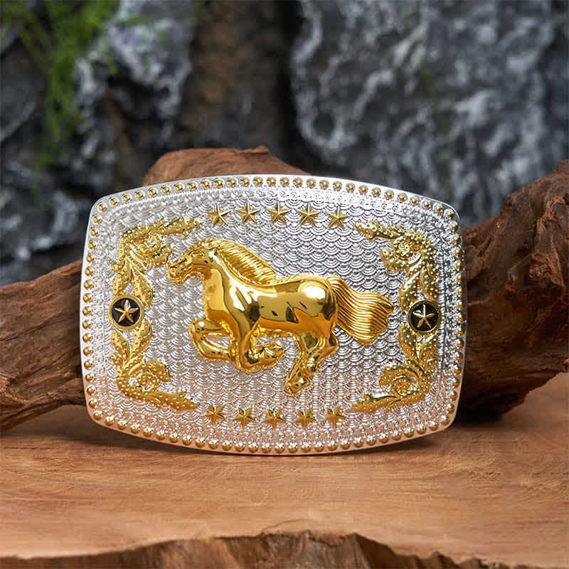 Ceinture rectangulaire en cuir à grande boucle, motif cheval au galop, à faire soi-même, bicolore - Cheval au galop - Sans ceinture - Ceinture non incluse - image 0