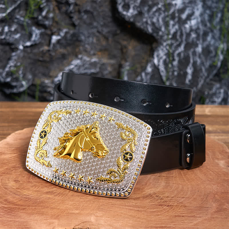 Ceinture rectangulaire en cuir à grande boucle, motif tête de cheval bicolore, à faire soi-même - Tête de cheval - Ceinture noire avec aigle en relief - 42 - image 3