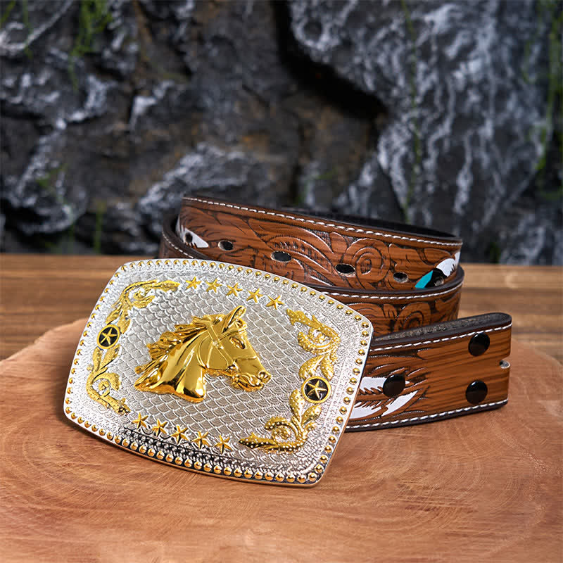 Ceinture rectangulaire en cuir à grande boucle, motif tête de cheval bicolore, à faire soi-même - Tête de cheval - Ceinture à plumes marron - 40 - image 8