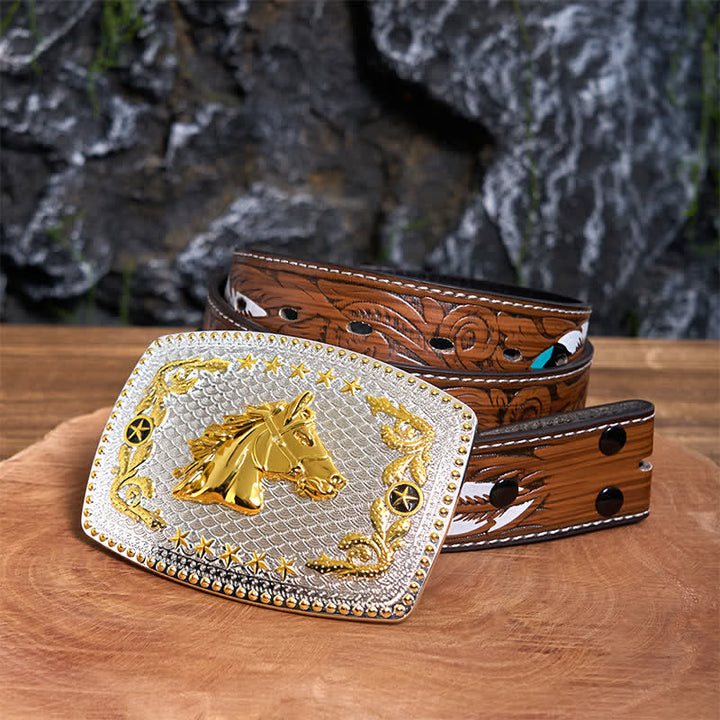 Ceinture rectangulaire en cuir à grande boucle, motif tête de cheval bicolore, à faire soi-même - Tête de cheval - Ceinture à plumes marron - 40 - image 8