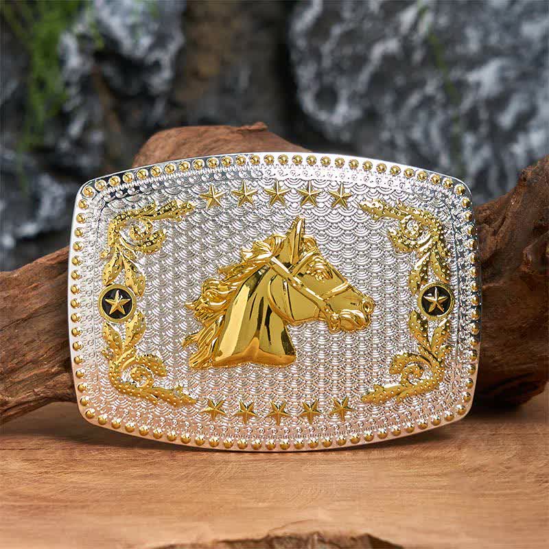 Ceinture rectangulaire en cuir à grande boucle, motif tête de cheval bicolore, à faire soi-même - Tête de cheval - Sans ceinture - Ceinture non incluse - image 0