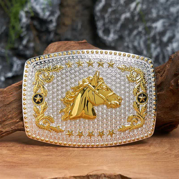 Ceinture rectangulaire en cuir à grande boucle, motif tête de cheval bicolore, à faire soi-même - Tête de cheval - Sans ceinture - Ceinture non incluse - image 0