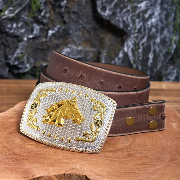 Ceinture rectangulaire en cuir à grande boucle, motif tête de cheval bicolore, à faire soi-même - Tête de cheval - Ceinture marron vieillie - 42 - image 6
