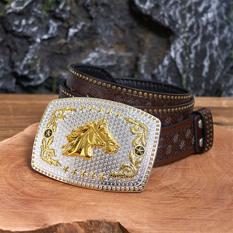 Ceinture rectangulaire en cuir à grande boucle, motif tête de cheval bicolore, à faire soi-même - Tête de cheval - Ceinture à rivets marron - 42 - image 5