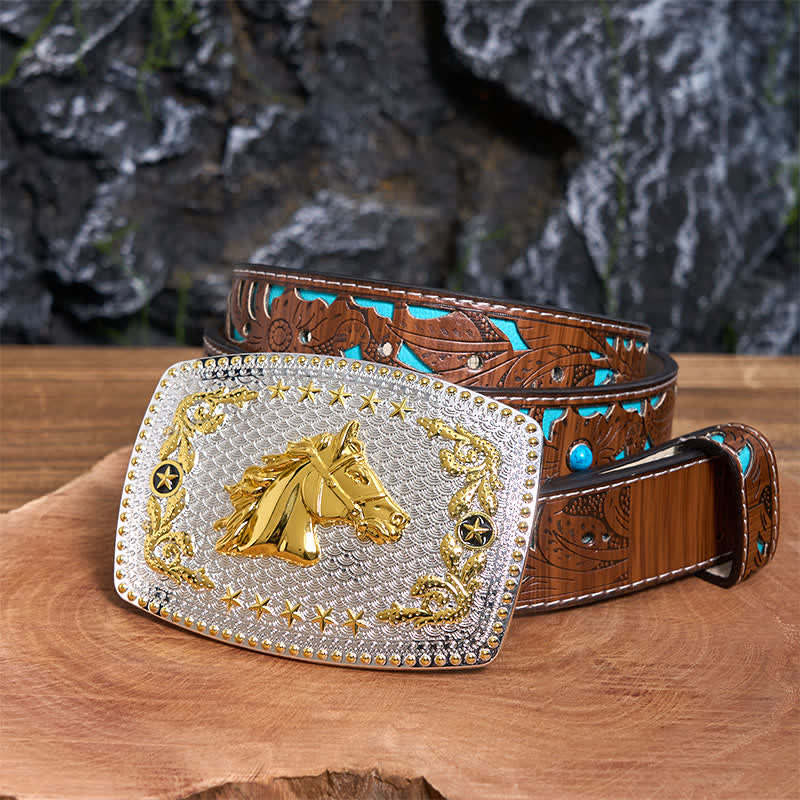 Ceinture rectangulaire en cuir à grande boucle, motif tête de cheval bicolore, à faire soi-même - Tête de cheval - Ceinture sculptée en turquoise - 42 - image 4