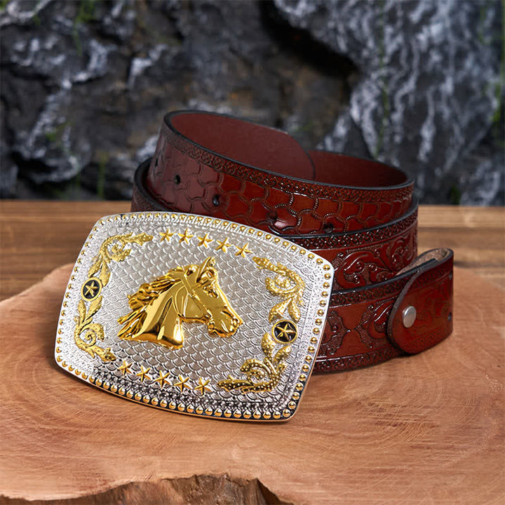 Ceinture rectangulaire en cuir à grande boucle, motif tête de cheval bicolore, à faire soi-même - Tête de cheval - Ceinture marron sculptée - 42 - image 7