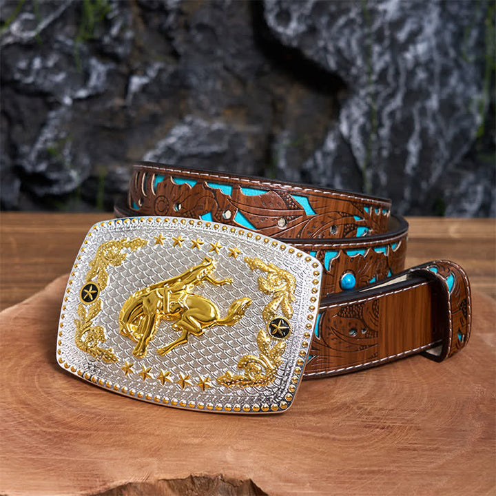 Ceinture rectangulaire en cuir à grande boucle, motif équitation bicolore, à faire soi-même - Équitation - Ceinture sculptée en turquoise - 42 - image 4