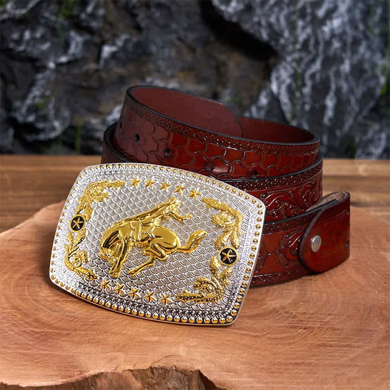Ceinture rectangulaire en cuir à grande boucle, motif équitation bicolore, à faire soi-même - Équitation - Ceinture marron sculptée - 42 - image 7