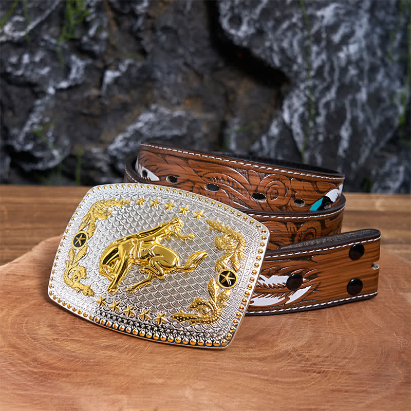 Ceinture rectangulaire en cuir à grande boucle, motif équitation bicolore, à faire soi-même - Équitation - Ceinture à plumes marron - 40 - image 8